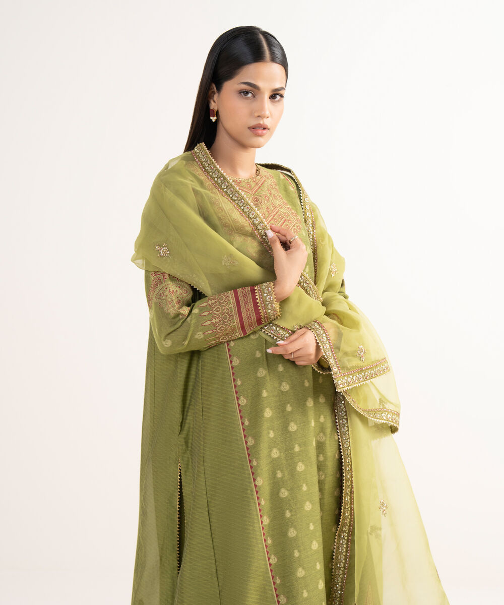 Women's RTW Zari Jacquard Green Embroidered 3 Piece Suit