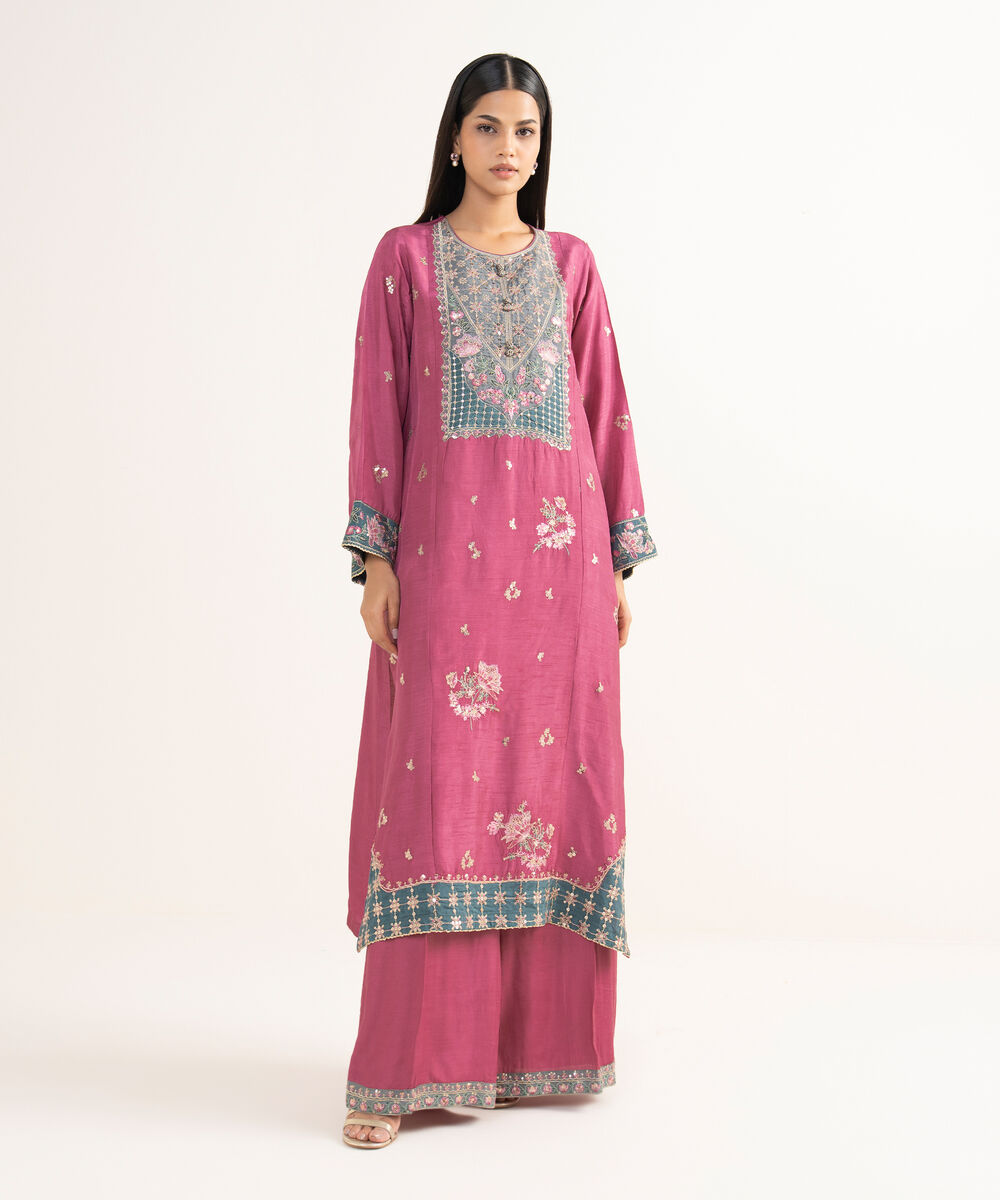 Women's RTW Raw Silk Pink Embroidered 2 Piece Suit
