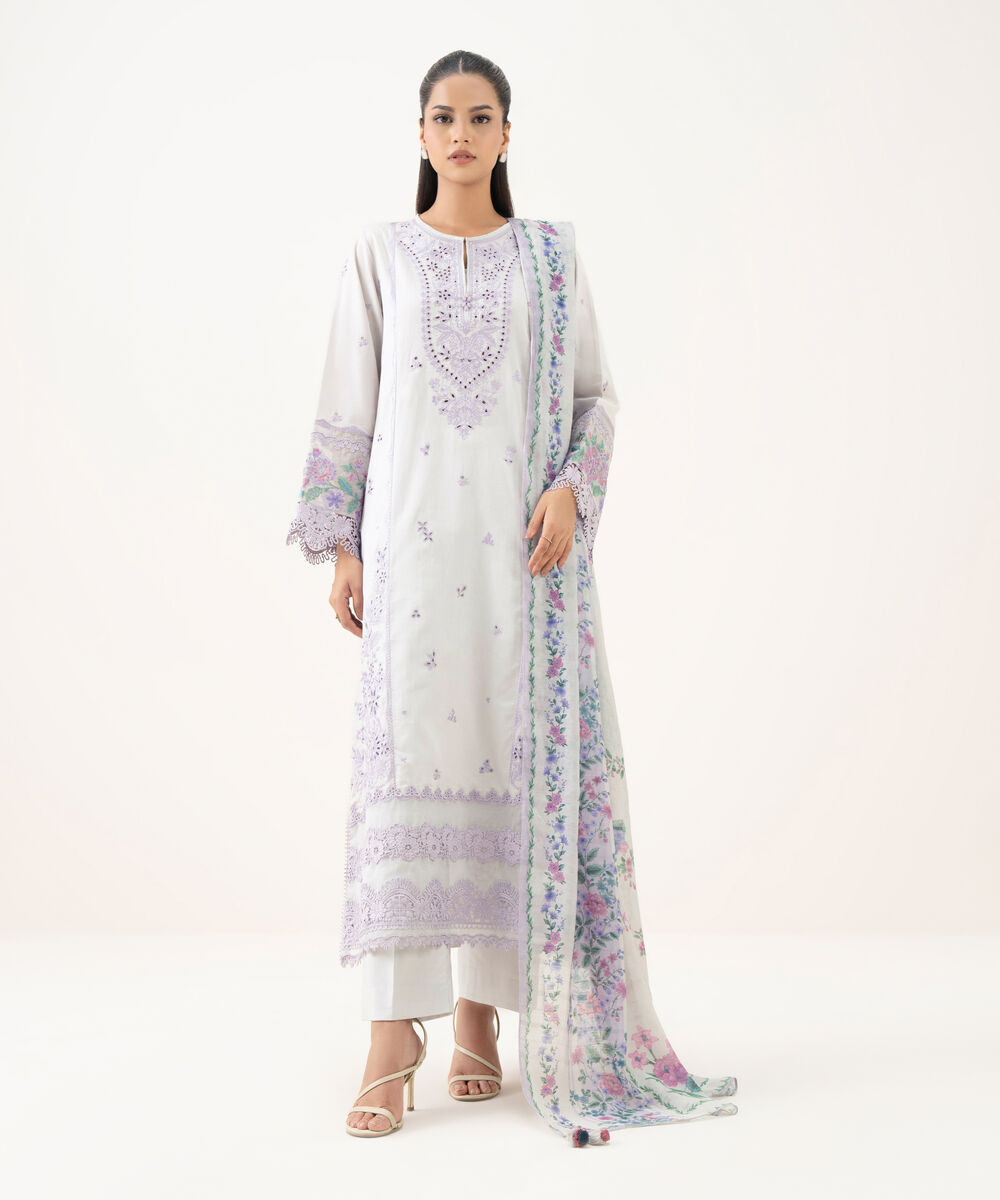 Women's Unstitched Fine Cotton Satin Embroidered Purple 3 Piece Suit