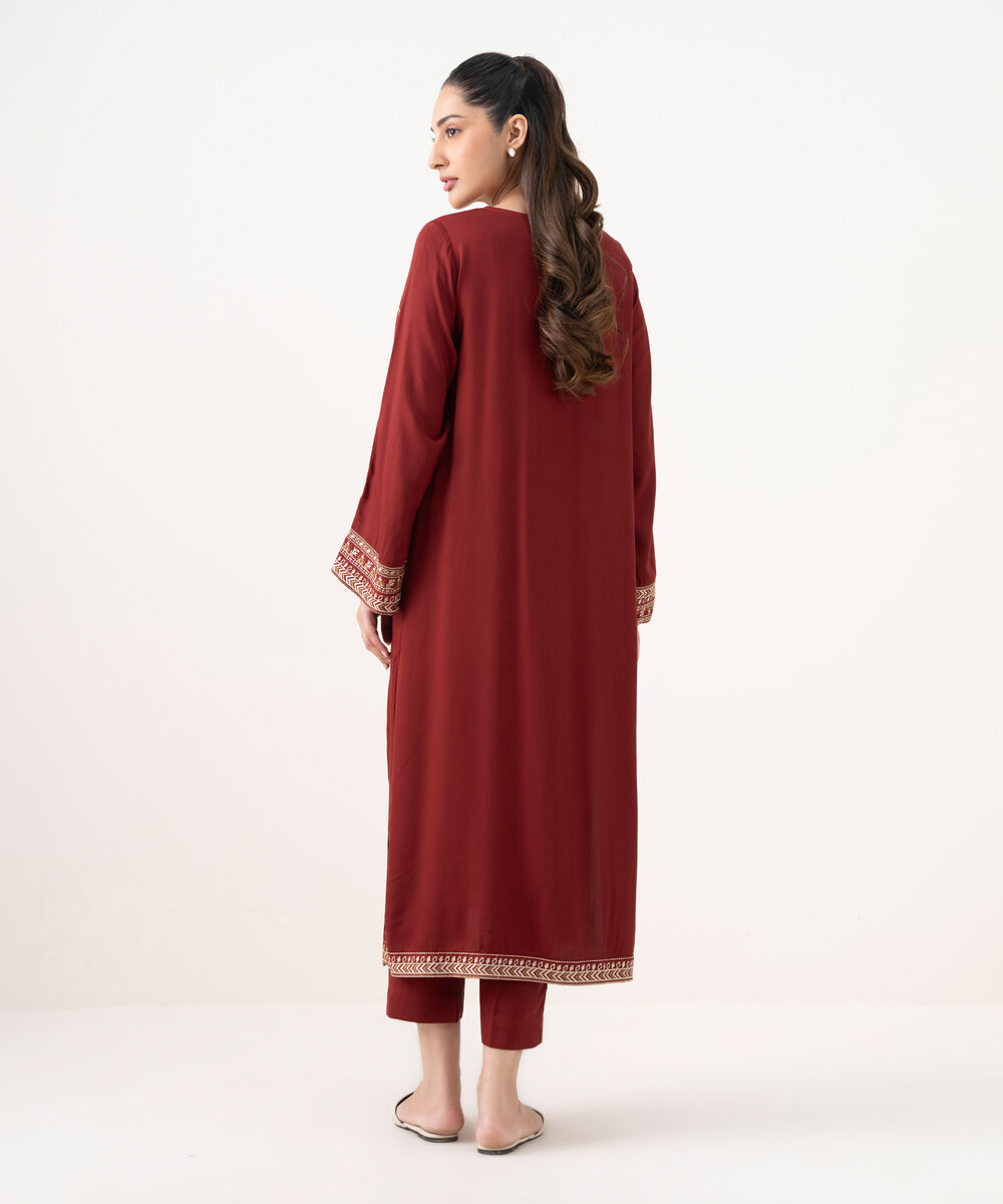 Women's RTW Bedford  Embroidered Maroon Straight Shirt