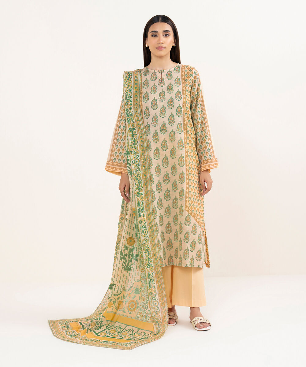 Women's RTW Dobby Beige Printed A-Line Shirt