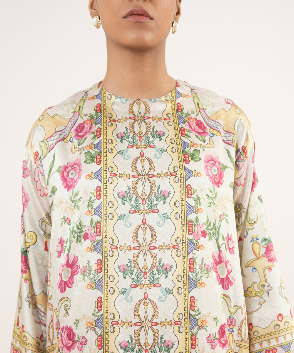 Women's RTW Blended Satin Beige Printed A-Line 2 Piece Suit