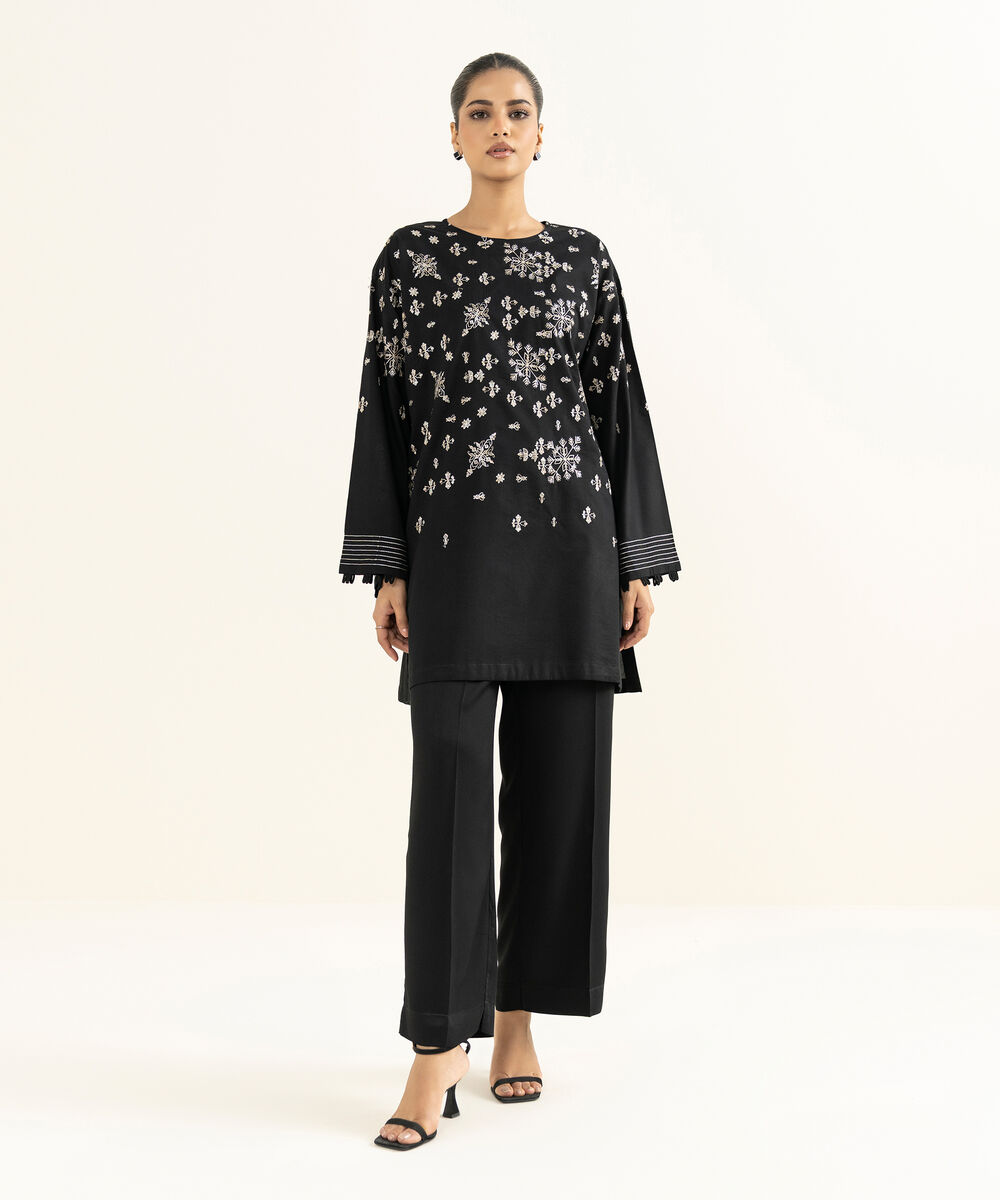 Women's RTW Linen Viscose Embroidered Black Boxy Shirt