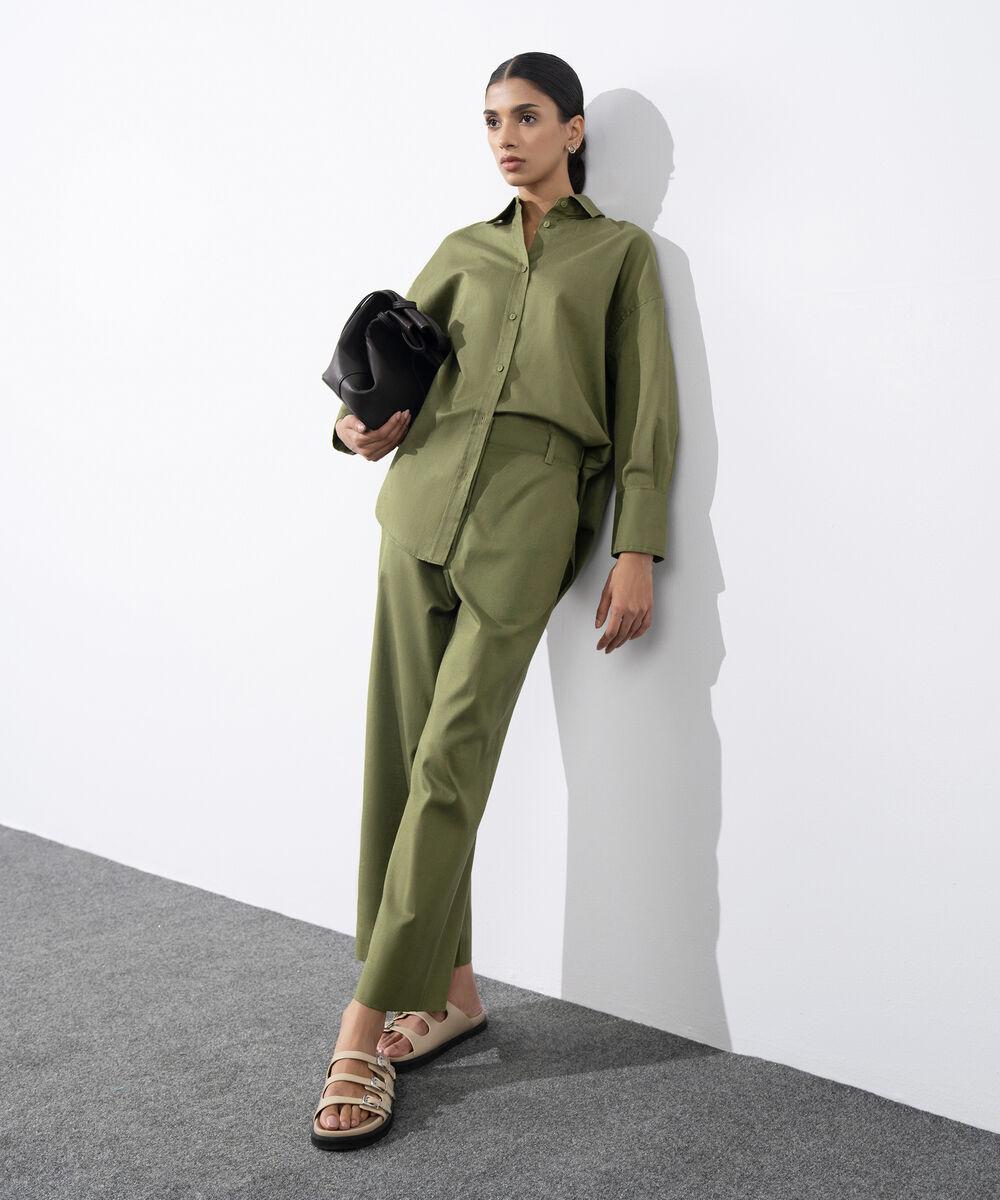 Women's Western Wear Green Straight Fit Linen Blend Trousers